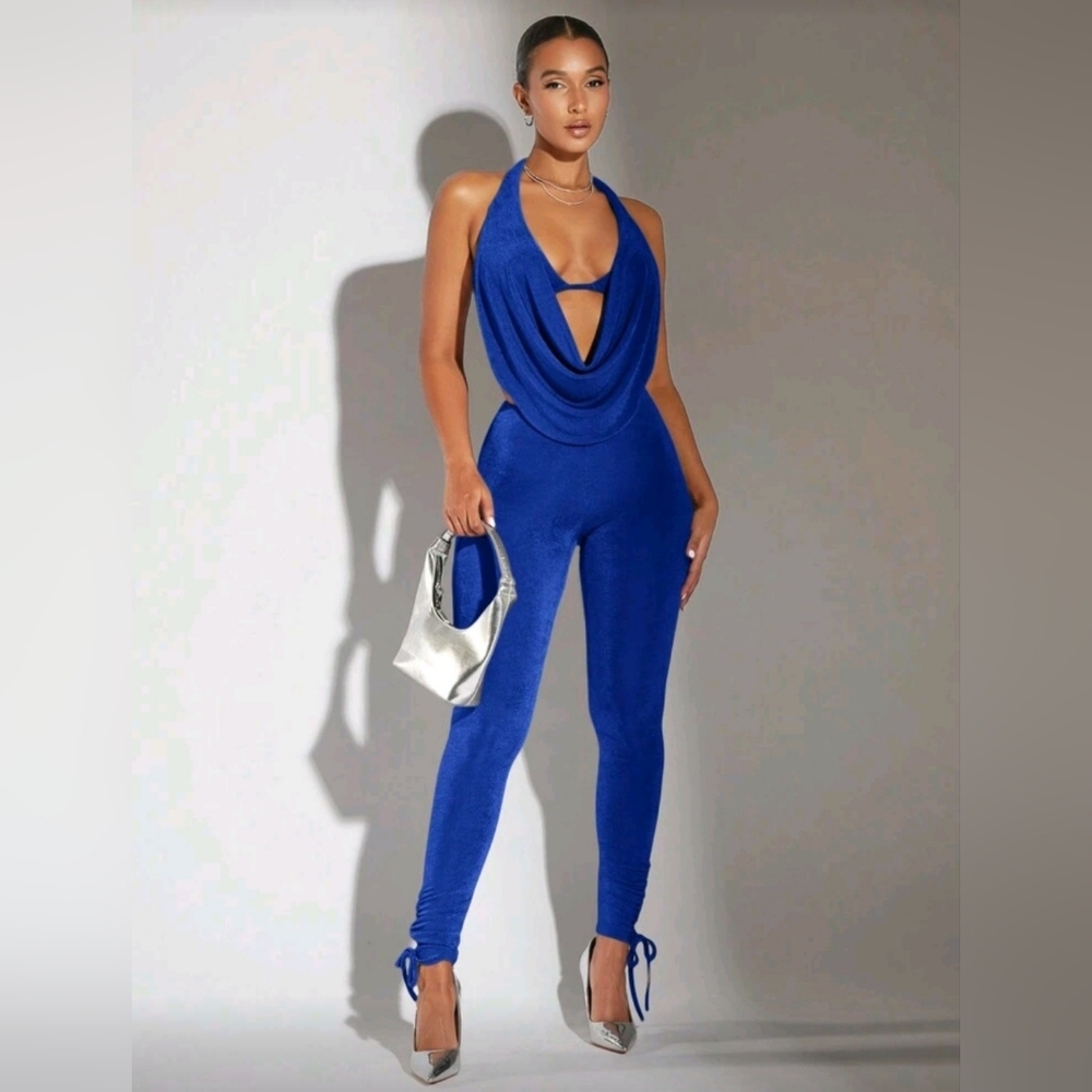 Elegant Blue Halter 2 Piece Outfit